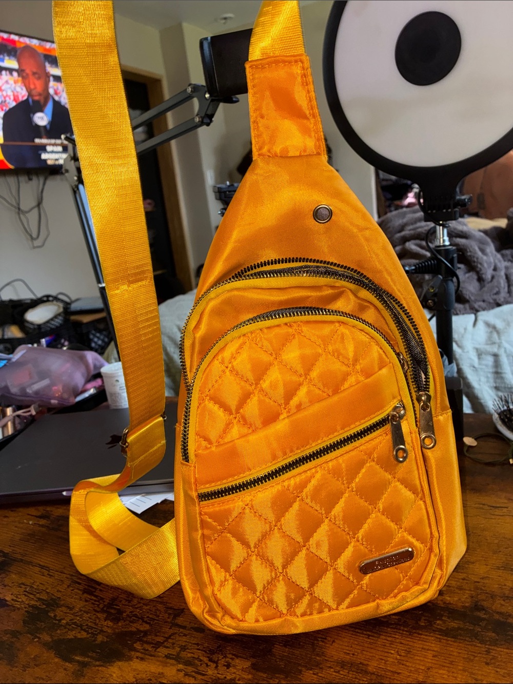 Quilted Orange Women's Crossbody Sling Bag with Front Zip Pockets